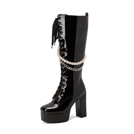 Oversized Simple Boots High Boots Knee High Ladies Women Pearl Chain Design Boots Shoes
