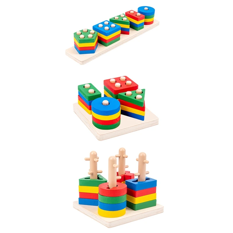 

3PCS Wooden Sorting Stacking Toys, Shape Color Recognition Blocks Matching Puzzle Stacker For Years Old Boys And Girls