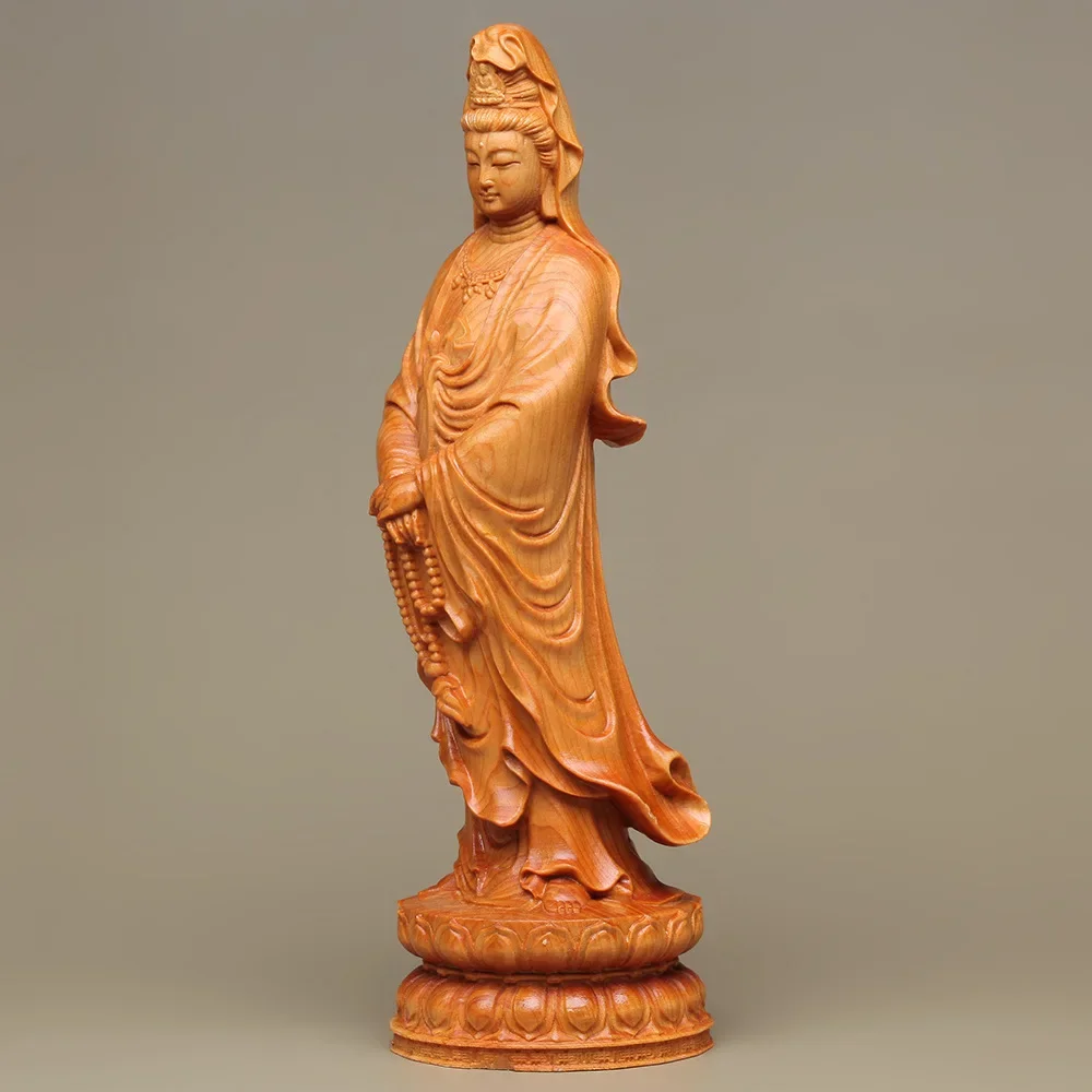 Hand-carved wooden figure of Guanyin with prayer beads for home decoration Miniature yellowwood and cliff cypress wood figurine