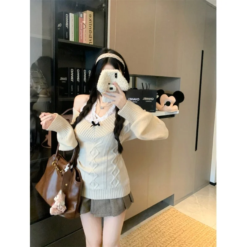 Retro Soft Long Sve V-Ne Knot Sweater Women's Winter New Waist-Cinching Slimming Versatile Knitted Top