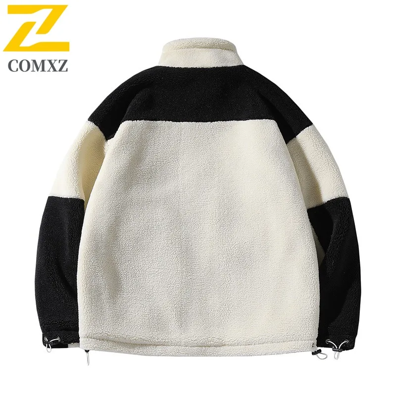 COMXZ 2025 Autumn Winter Men's Sherpa Lined Color Block Stand Collar Parka Coat Korean Style Streetwear Loose Fit Plus Size