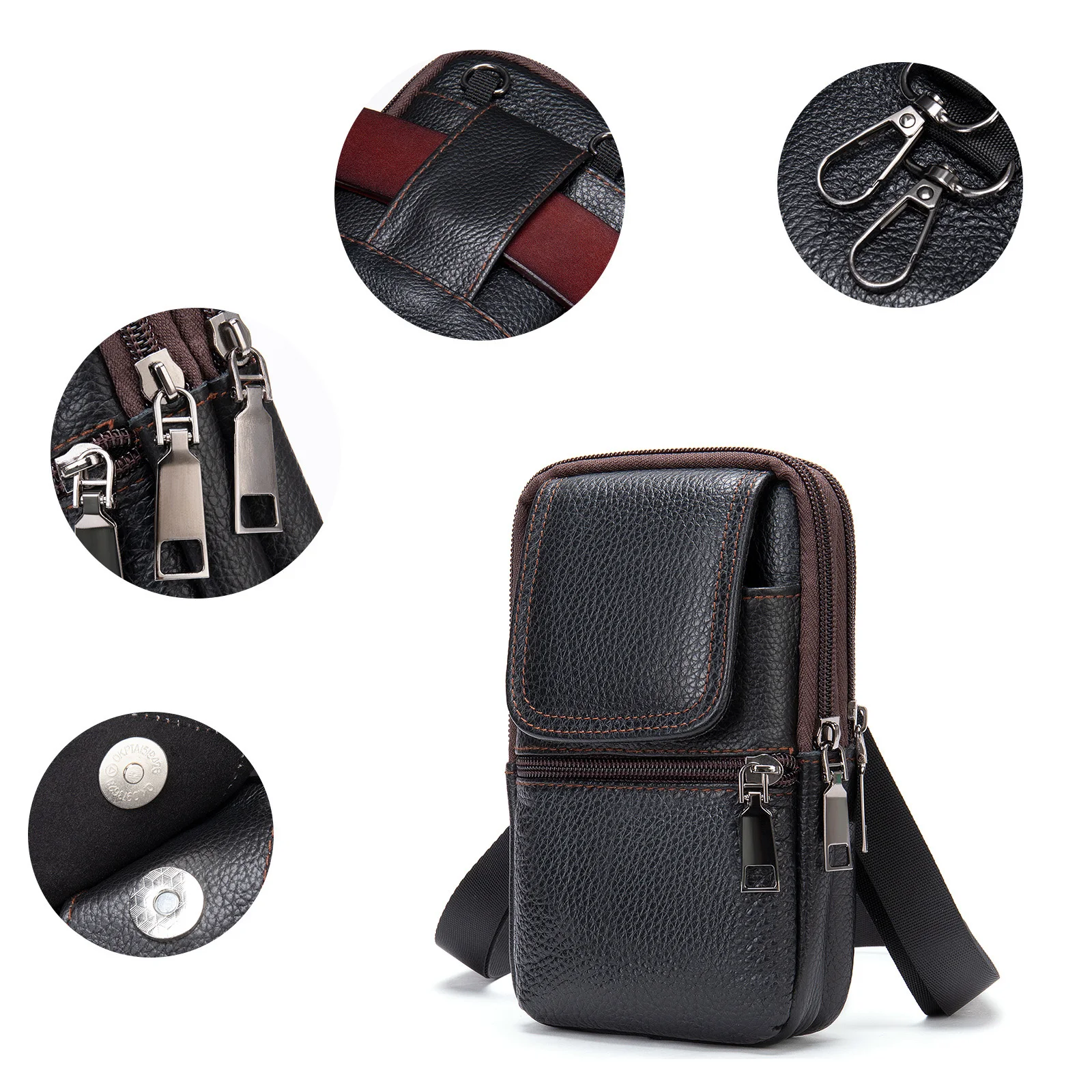 Genuine Leather Men's Waist Bag Phone Pouch Wear On Belt Shoulder Bag For Moible Phone Outdoor Male Waist Pack Belt Pouches