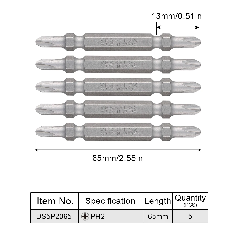 

VESSEL 5PCS 65mm PH2 Double-Head Screwdriver Bit Set Phillips Screws Drill Bit Hand Tools Accessories NO.DS5P2065