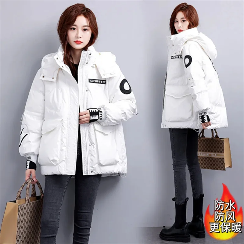 Winter Windproof Glossy Fashion Letter Embroidered Down cotton Jacket Women\'s Hooded Thick Warm Loose Coat Short cotton Parka