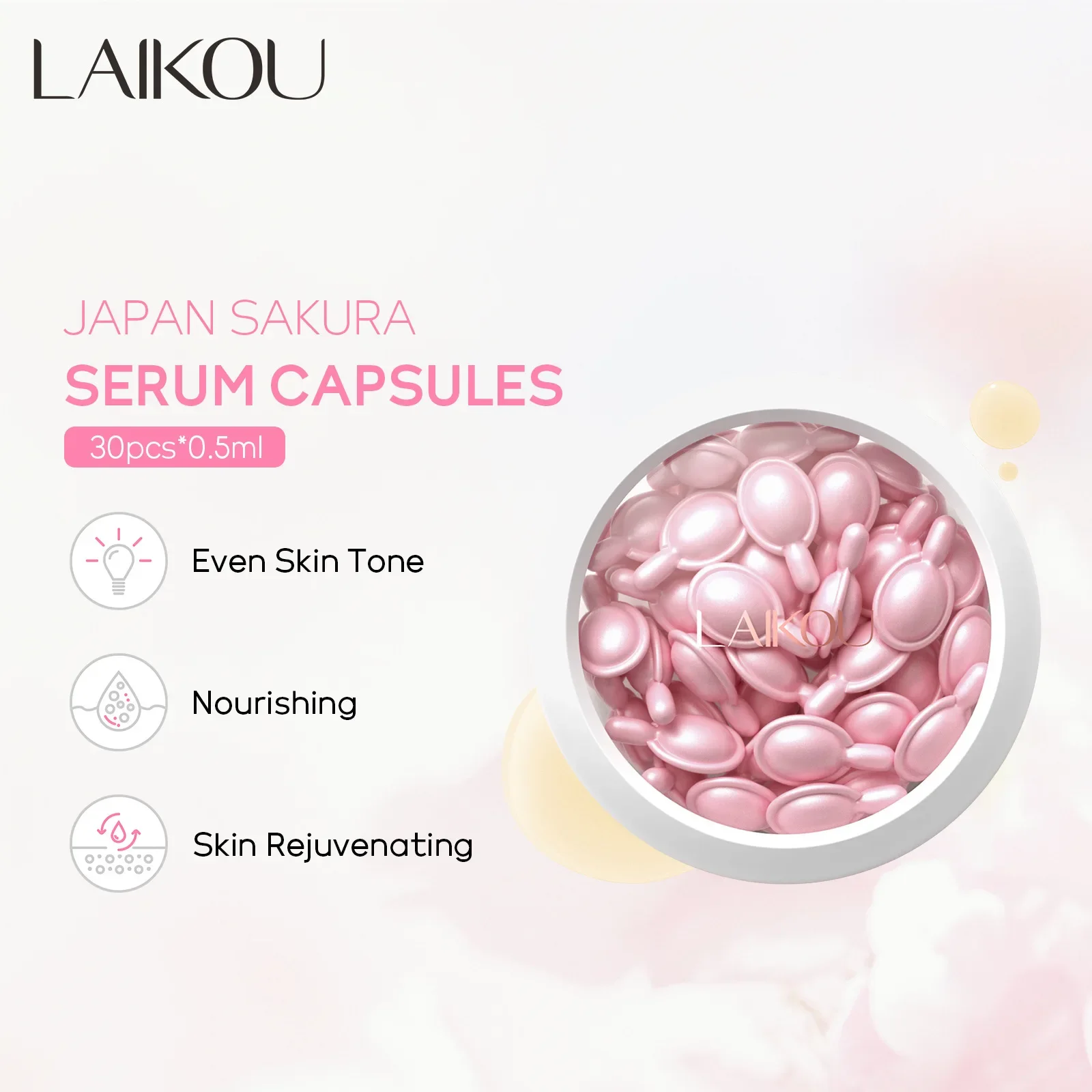 LAIKOU Cherry Blossom Hydrating Face Essence Sakura Facial Serum Moisturizing Beauty Facial Skin Care 30 Capsules*0.5ml