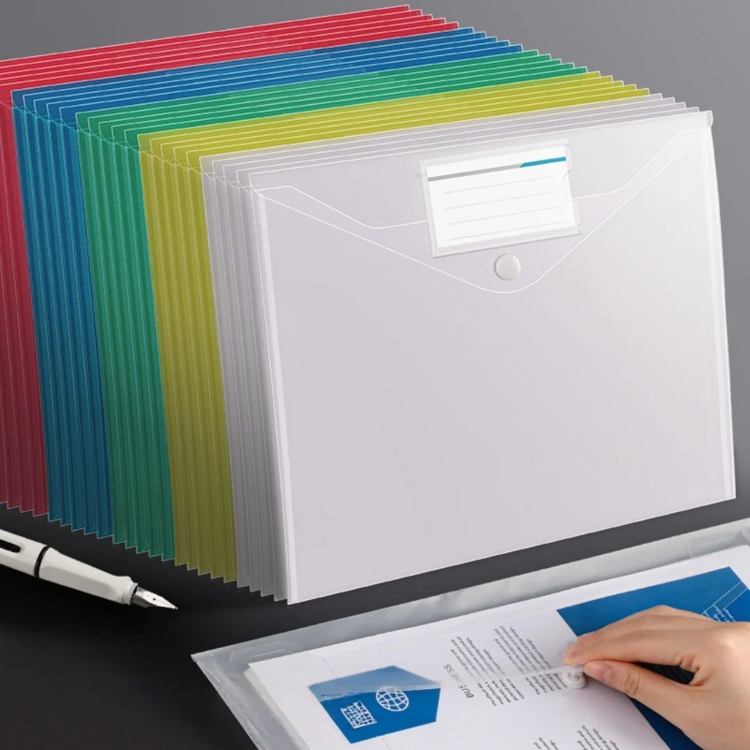 

A4 Clear Snap Button Document Bag, Thick Plastic Large Capacity File Folder, Student Exam Paper Organizer Office Archive Bag