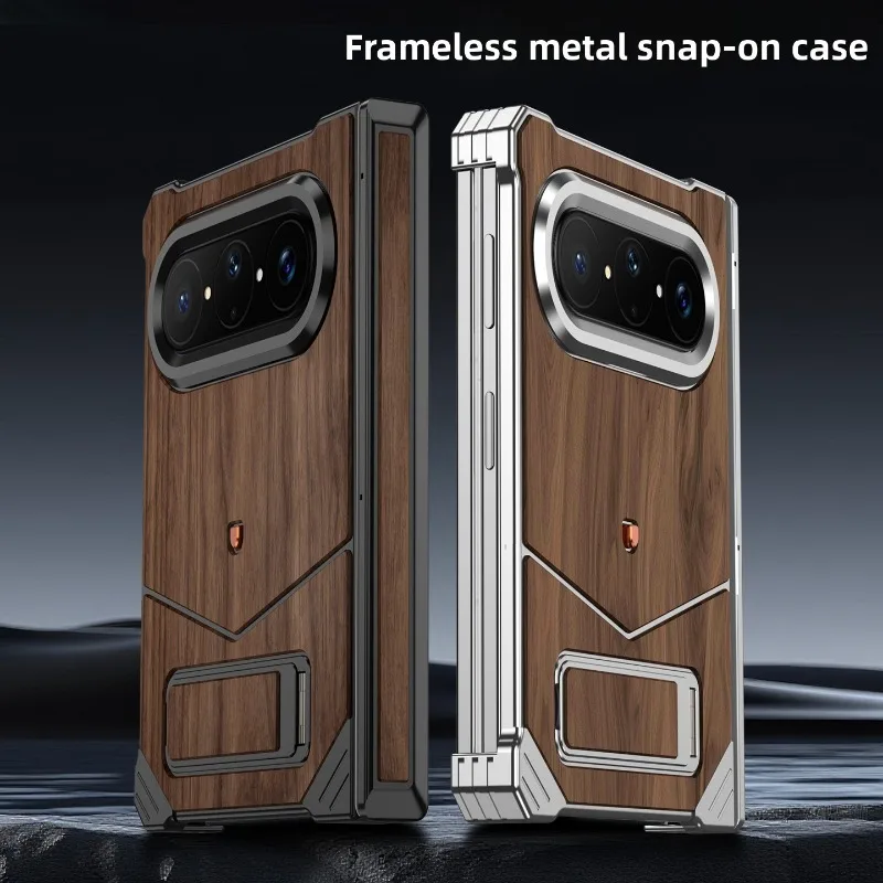For Huawei Pura X max Case With Folding Stand Frameless Metal Snap Matte Skin-Friendly Walnut Wood Foldable Cover For Shockproof