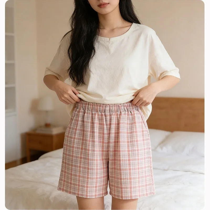 Ladies Pure Cotton Checked Lounge Shorts, Comfortable Skin-Friendly Relaxed Fit Pajama Bottoms with Elastic Waist for Summer