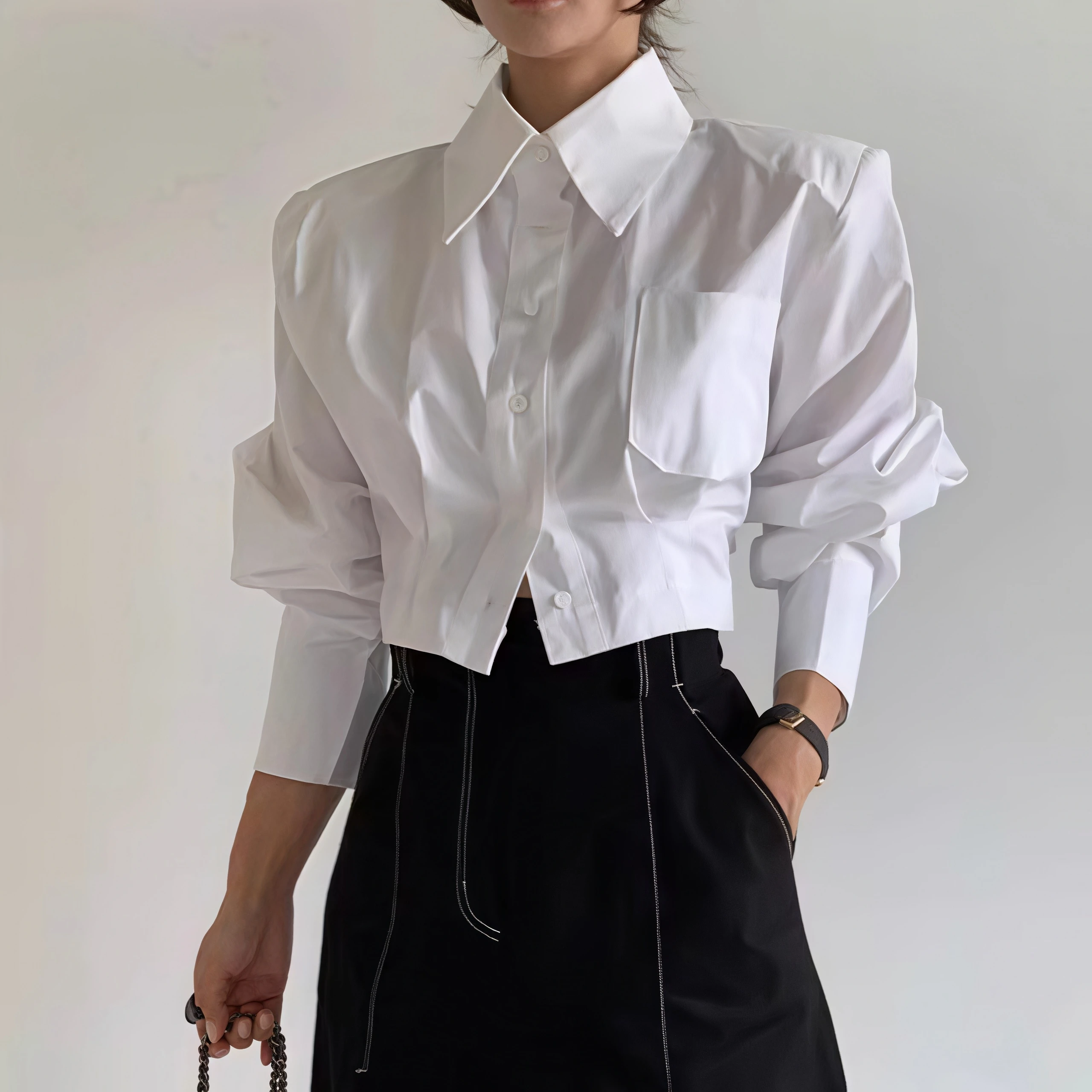Women Padded Shoulder Cropped White Shirt Lapel Collar Chest Pocket Ruched Long‑Sleeve Blouse Elegant Office Short‑Length Tops