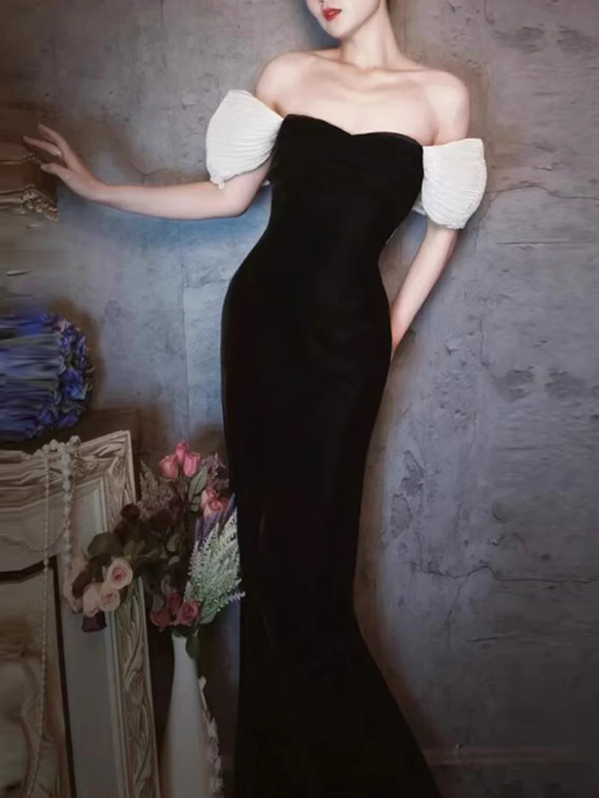 

Элегантное вечернее платье с открытыми плечами, облегающее, длинное, для свадьбы, вечеринки, выступления, винтажное, из бархата