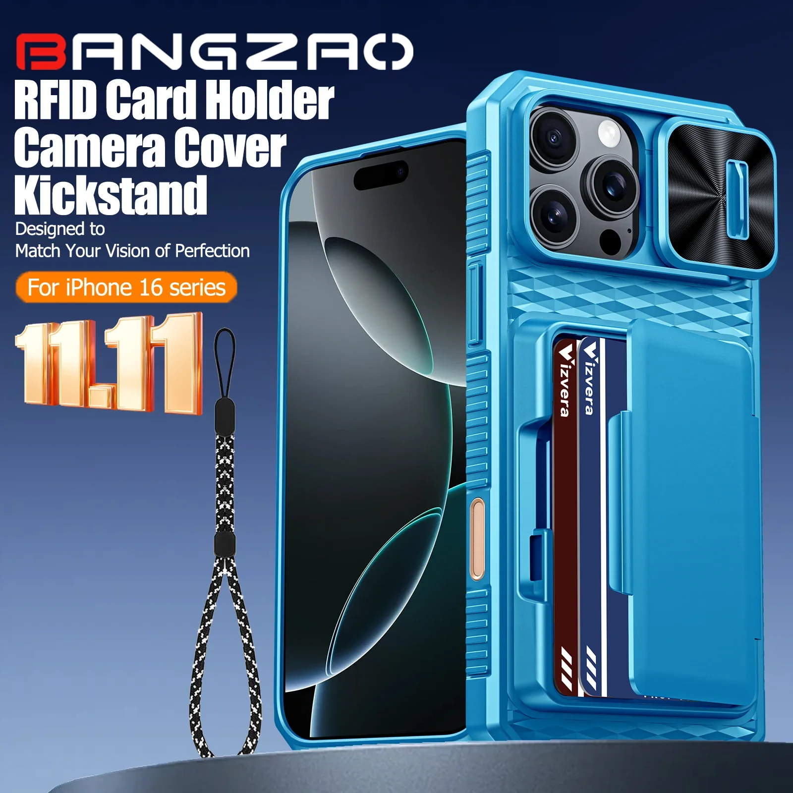 

Глобальный карнавальный фестиваль, чехол для iPhone 16 Pro Max, чехол для камеры, прочный противоударный держатель для карт, защитный чехол для телефона - небесно-голубой