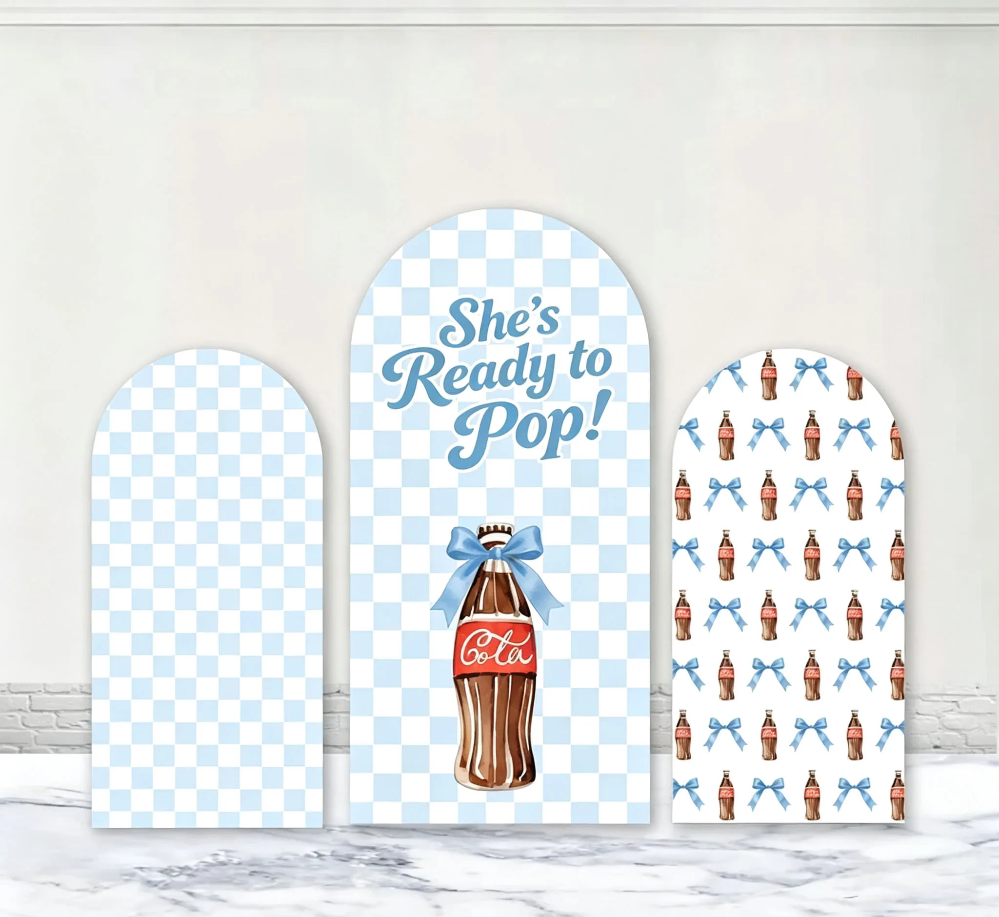 Custom Double-Sided She's Ready to Pop Baby Shower Arch Backdrop Cover Bow Soda Pop Blue Square Birthday Party Decor Backdrop