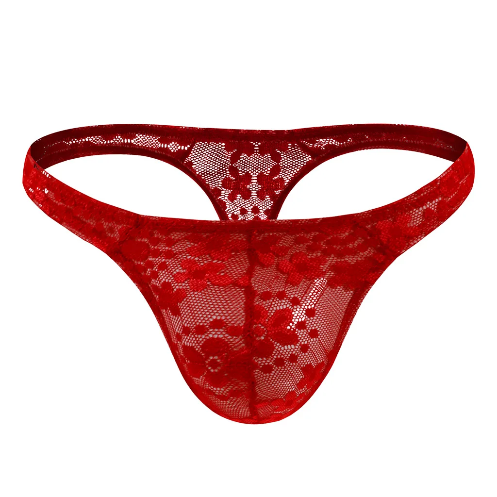 Sexy Low-Rise Mens Underwear Red Lace Thongs And G-String Mesh Transparent T-pants Underpants 1119