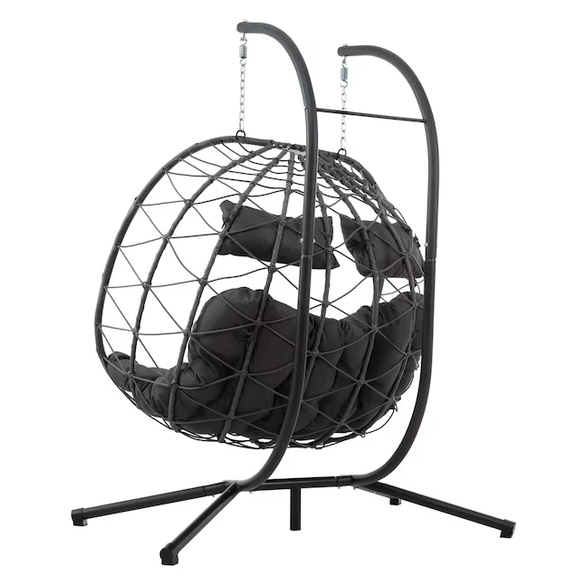 *q2-Person Hanging Chair Patio Swing Egg Chair Rattan Dark Gray Steel Frame Hanging Egg Chair with Dark Gray Cushioned Seat