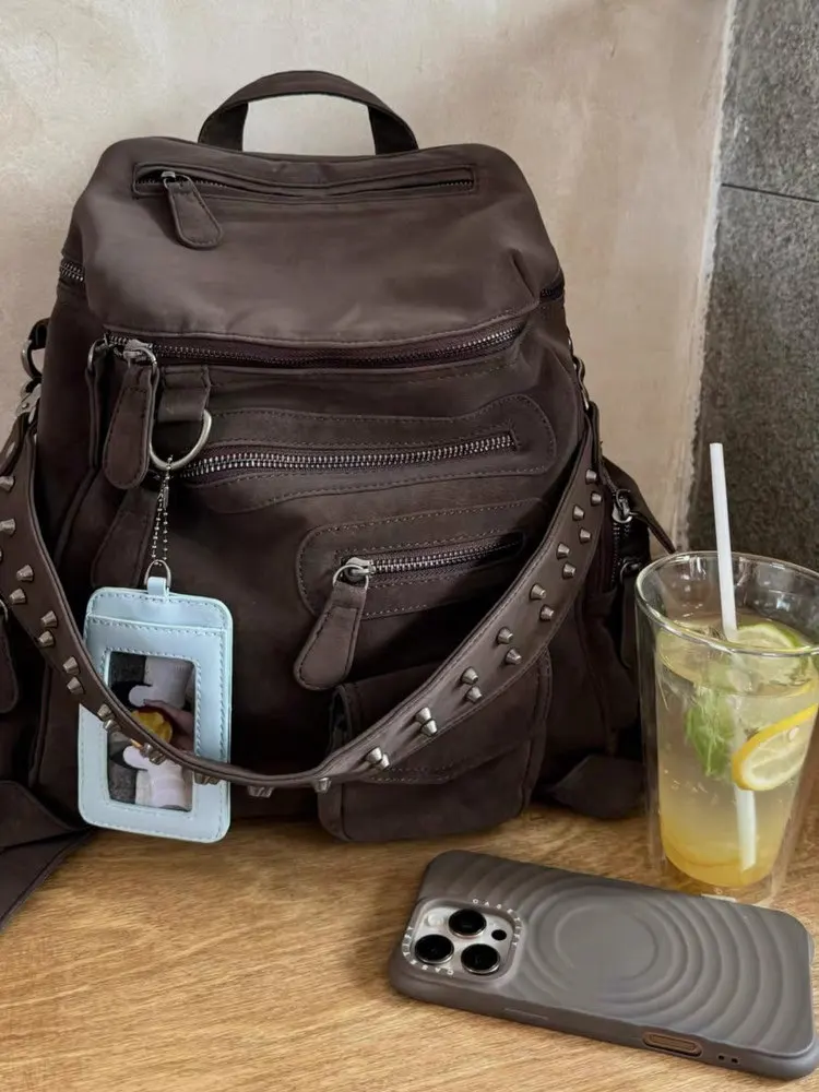 

2026 Make A Vintage Motorcycle Style Backpack with Multiple Pockets Zippers Spicy Girls Rivets Wide Shoulder Straps