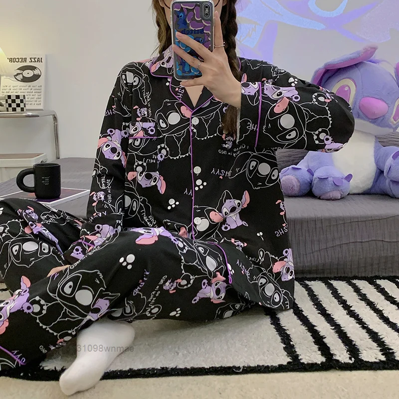 Disney Stitch Cartoon 2 Pcs Pajamas Sets for Women In Spring And Autumn, Long Sleeved And Sweet Pjs for Students Homewear Suit