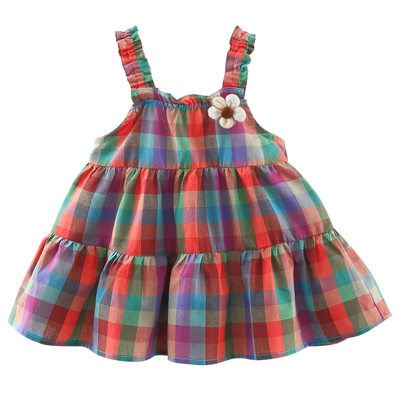 Summer Outfits Newborn Baby Girl Clothes Korean Cute Plaid Flower Sleeveless Cotton Princess Kids Dress Toddler Dresses BC2282