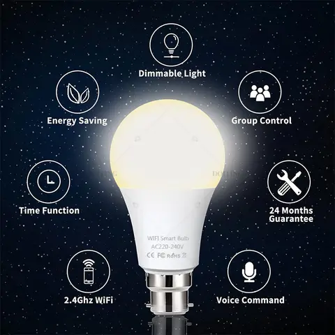Tuya WiFi B22 Smart Life Dimbar Glödlampa UK Standard AC220V LED-Ljus App Justera Stöd Alexa Google Home Röststyrning 10 best sales Tuya Smart-lampa - №6