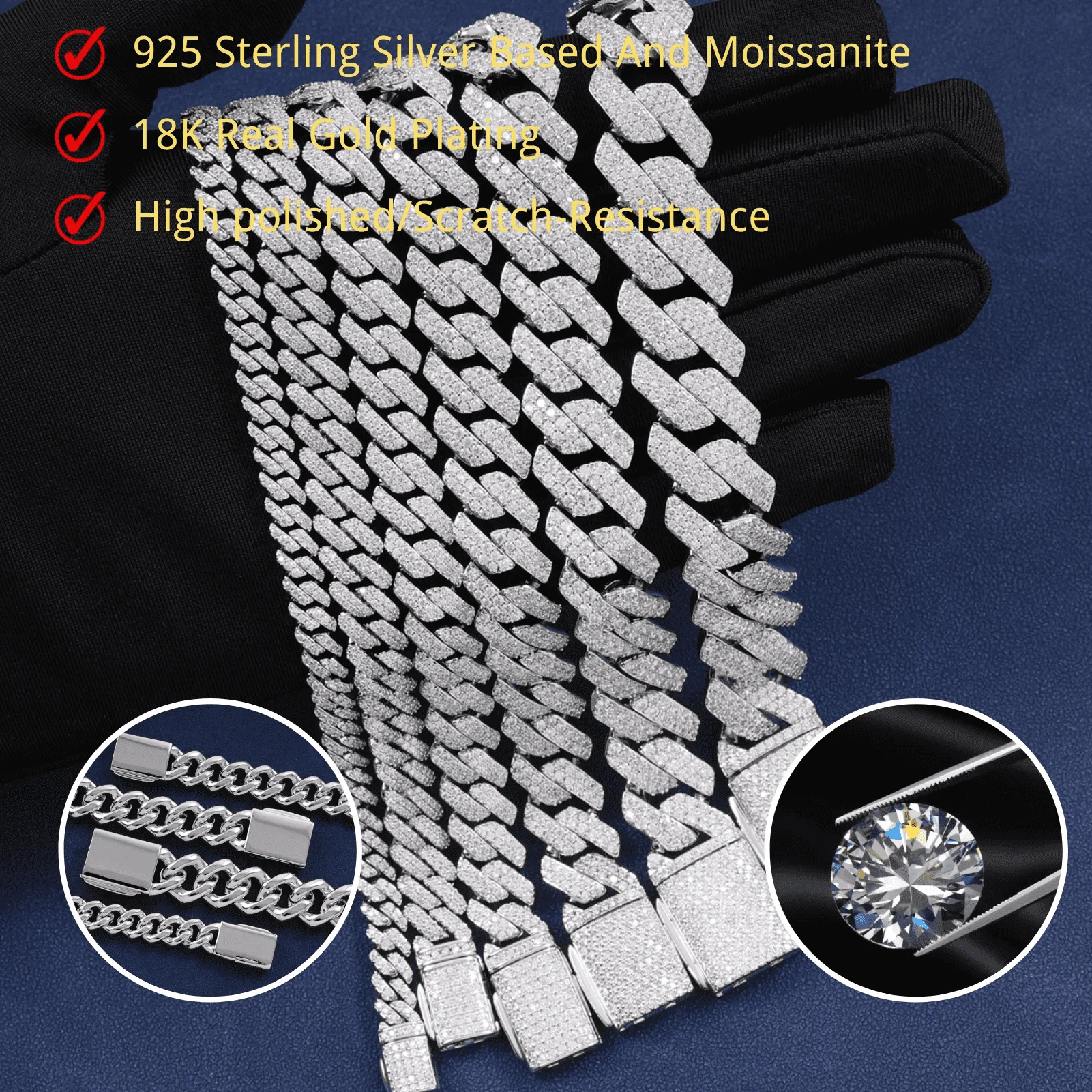 Moissanite .VVS D 925 Sterling Silver Cuban Bracelet Hip Hop Style Prong Chain in 6mm 8mm 10mm 12mm 16mm 18mm Sizes.