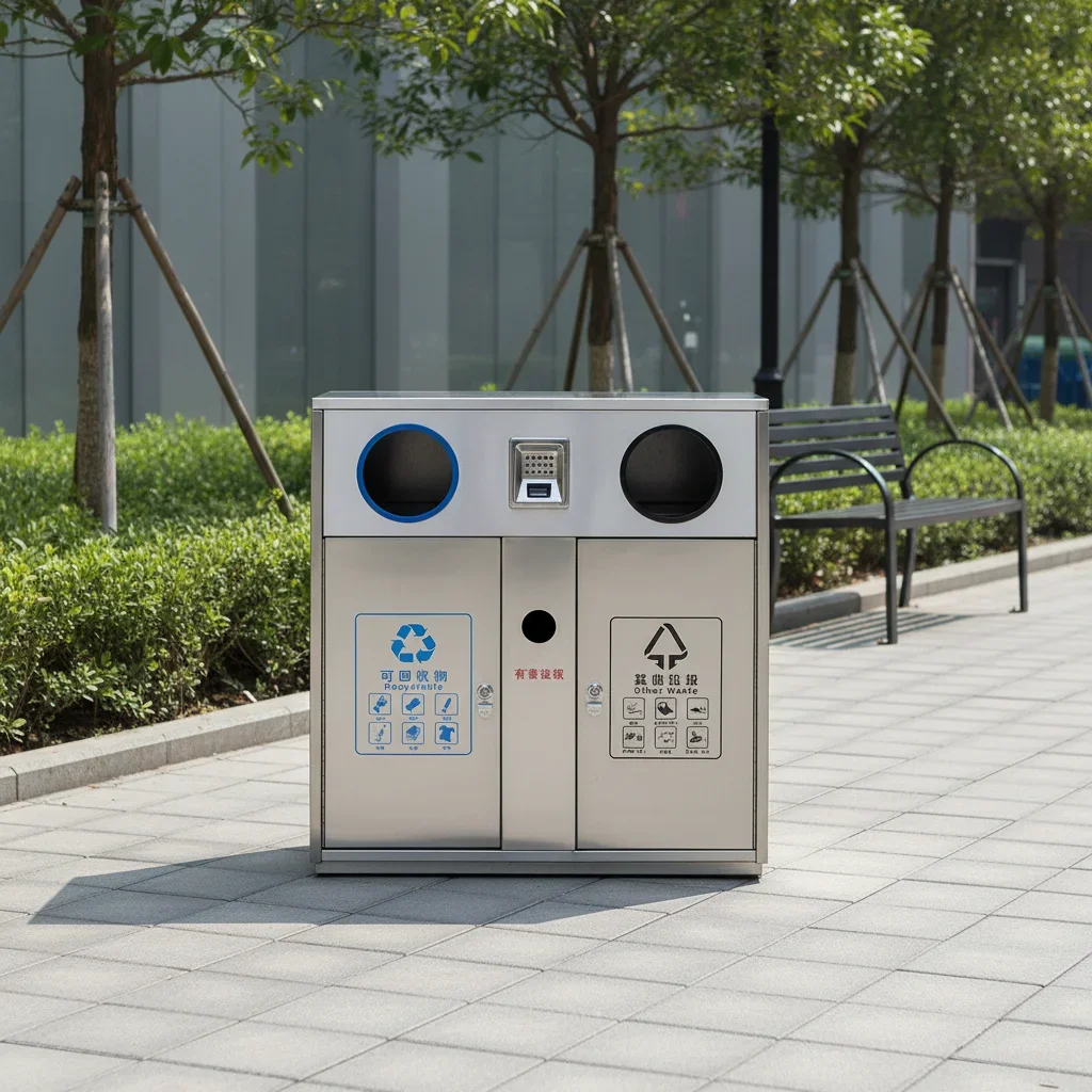 3-Compartment 45L Eco-Friendly Stainless Steel Recycling Bins Commercial Outdoor Trash Can Cigarette Slot Heavy-Duty For Office view 2