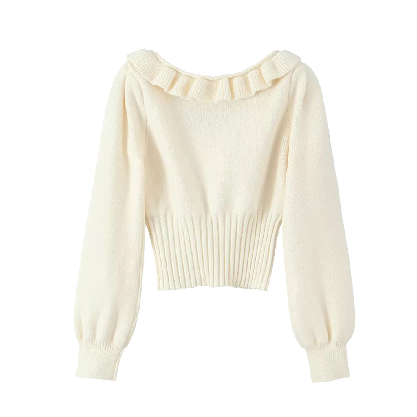 

Summer 2025 Women's Sle Ruffle Collar round Ne Sweater Knot Polyester Fiber Slim Fit Long Sve ort Length