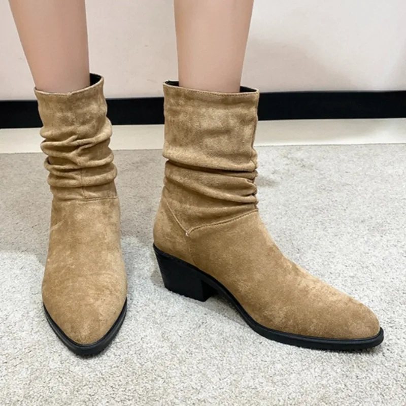 

Mid Heels Women Pointed Toe Ankle Boots Fashion Suede 2025 Shoes Designer Winter Chelsea Short Boots Dress Pumps New Zapatillas