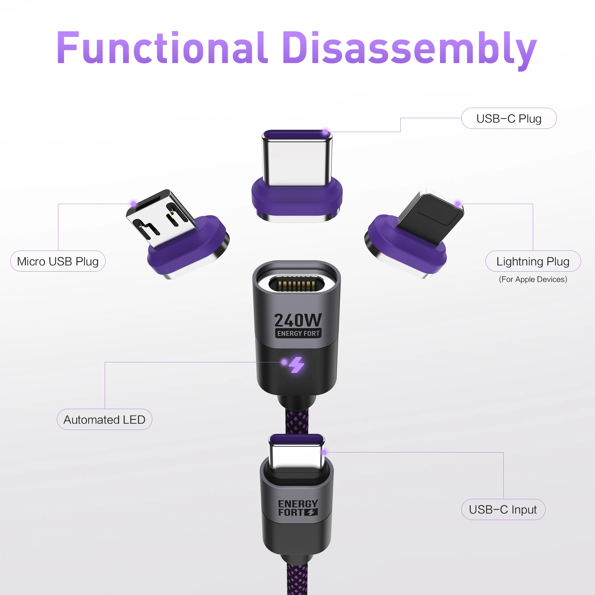 240 واط نوع C كابل شحن مغناطيسي PD3.1 USB C إلى USB C/مايكرو USB شاحن مغناطيسي سلك شحن سريع للهاتف المحمول اللوحي
