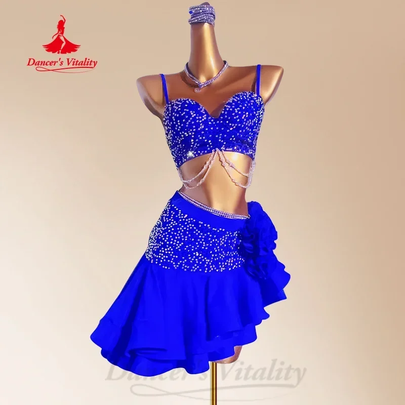 Costume da ballo latino per adulti e bambini Top di lusso personalizzato con diamanti pieni + gonna sexy a coda di pesce 2 pezzi Abbigliamento per spettacoli di tango samba