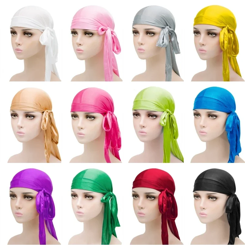 New Unisex Men Women's Satin Durag Bandana Caps Durags Headscarf Headwear Turban Hat Waves Cap Long Tail Hijab Sports Head Wraps