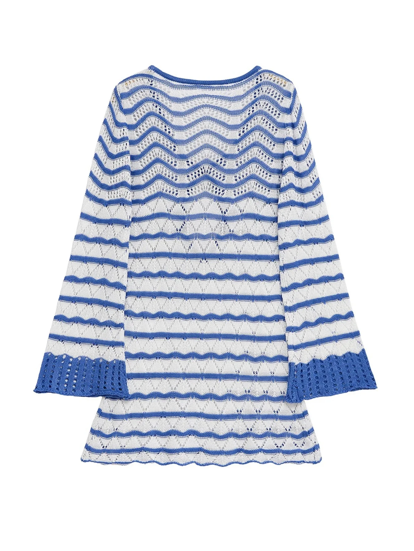 Verano Mujer Sexy Boho rayas cuello en V recortado manga acampanada tejido Mini vestido acampanado cubierta de traje de baño