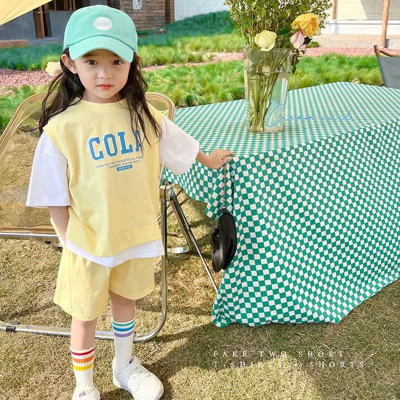 

Girl 2024 New Summer Casual T-shirt Suits Korean Style Baby Youth Teenage Girls Short Sleeve Contrast Color 2Pcs Clothes Sets