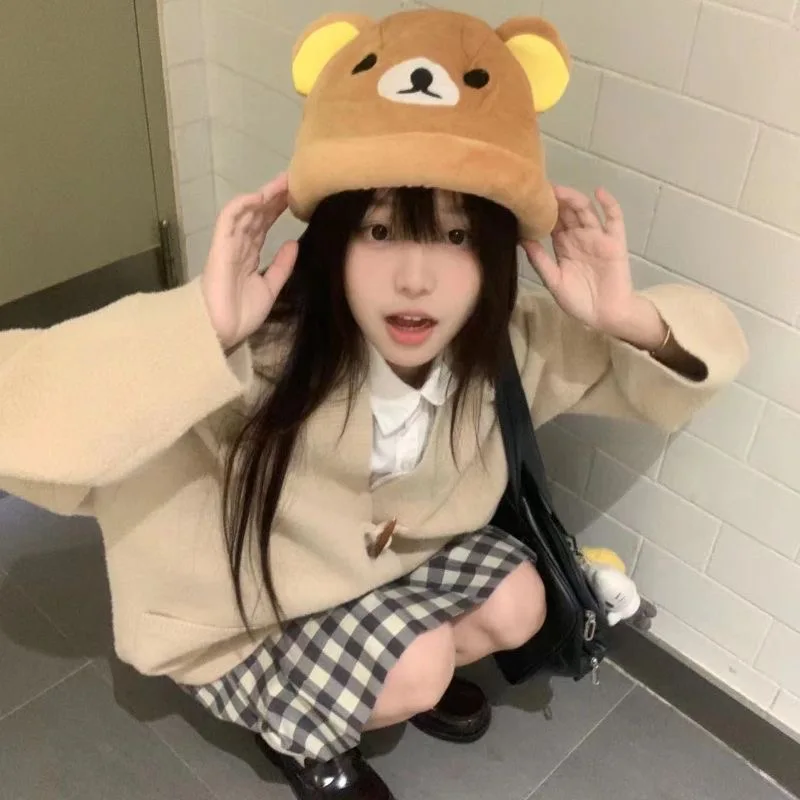 

Kawaii Rilakkumas Korilakkumas Bear Plush Bucket Hat Cute Winter Warm Hat For Women Girls Boys Kids Cartoon Anime Fisherman Cap
