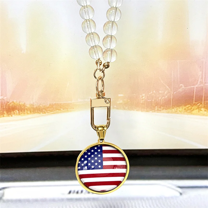 العلم الأمريكي الزجاج وسام الفولاذ المقاوم للصدأ قلادة قلادة للنساء الرجال الذهب اللون نجمة متلألئة راية الخرز سلسلة مجوهرات #3