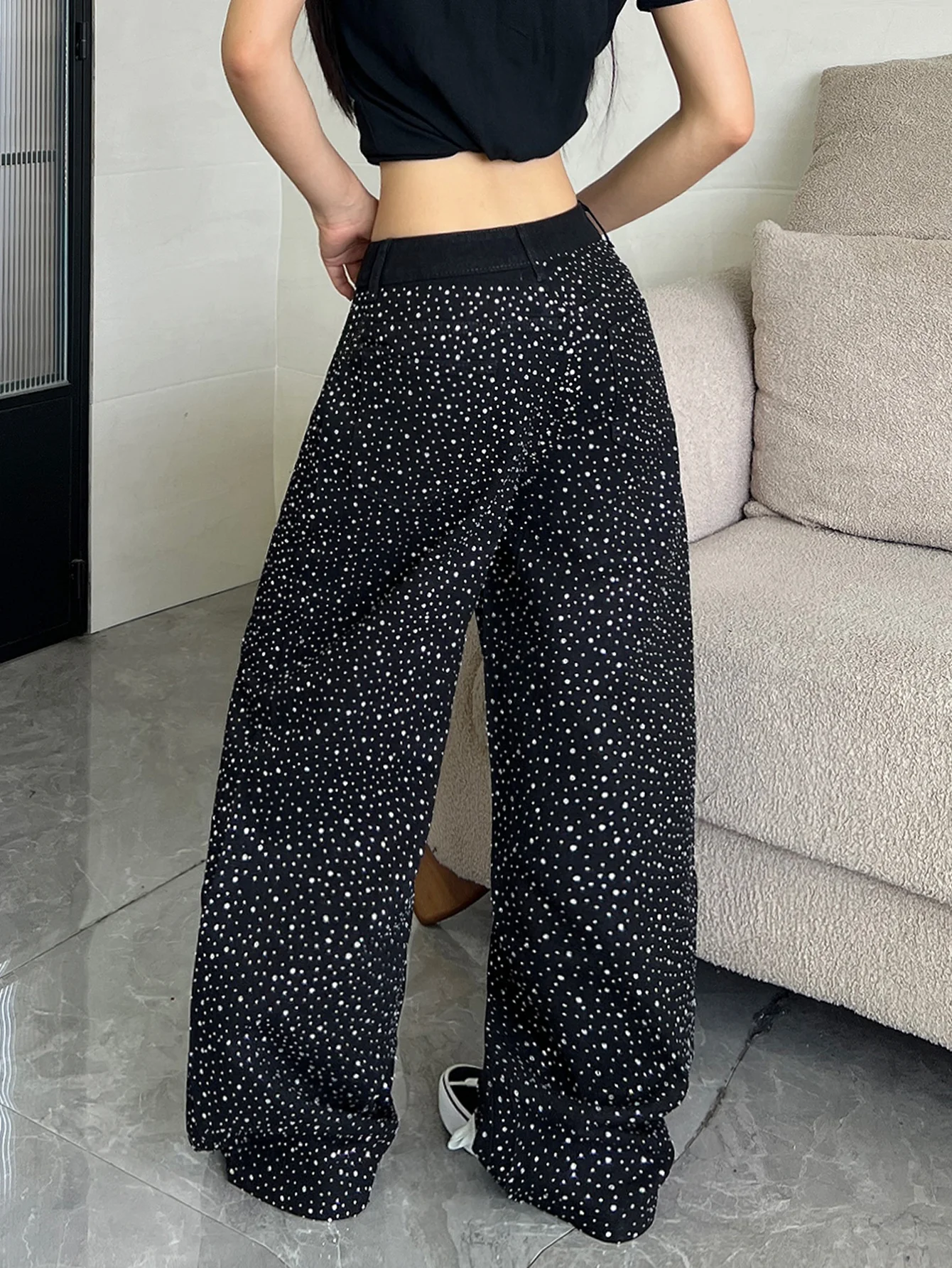 American High Street Retro Style Rhinestone Wide Leg Jeans With Starry White Spots And Black High Waisted Denim Pants