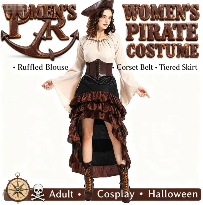 Halloween kostuum middeleeuwse onregelmatige piraten corset top met gegolfde lange rok, navigator cosplay outfit