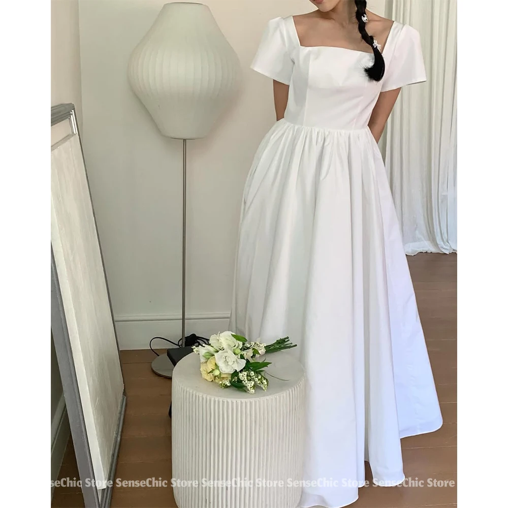 2025 웨딩드레스 새틴 스퀘어 넥 한국 A라인 반팔 정장 웨딩드레스 섹시 백 여성 신부 드레스 맞춤 제작