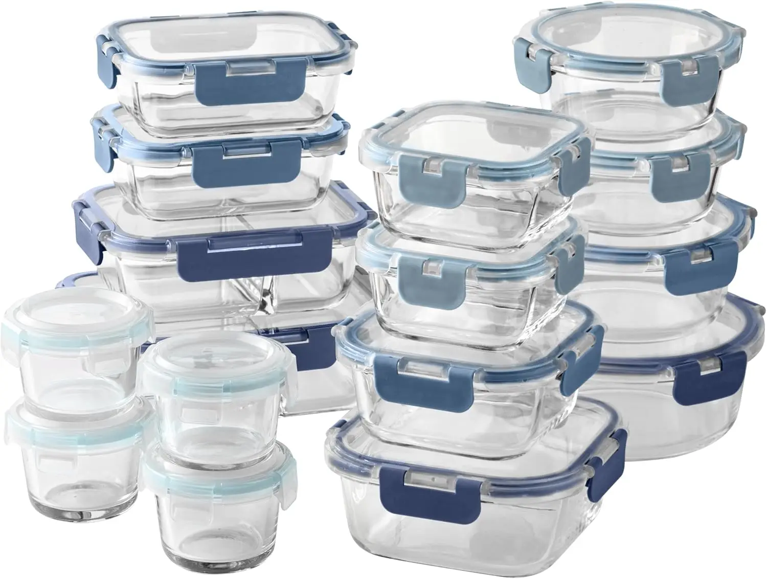

32-Pc Borosilicate Glass Food Container Set with Dividers - Leakproof, Stackable, Meal Prep, Ombre Blue