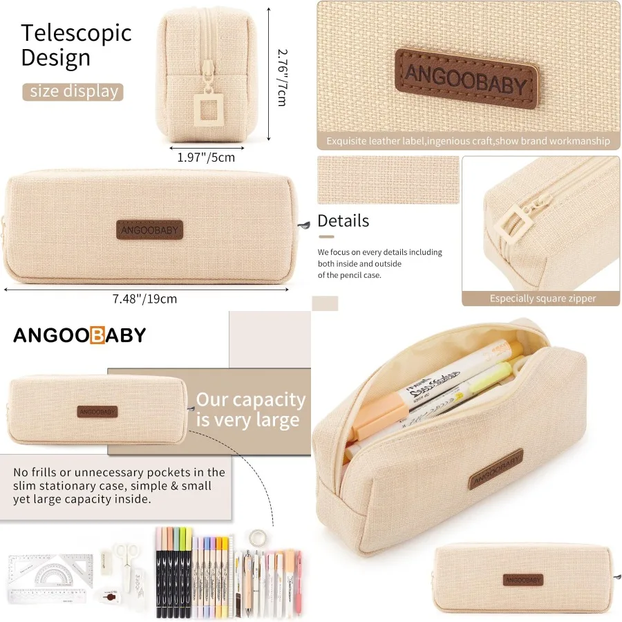 

ANGOOBABY маленький пенал для студентов, пенал для монет, косметичка, органайзер для офисных канцелярских принадлежностей для подростков, школьный бежевый - Co