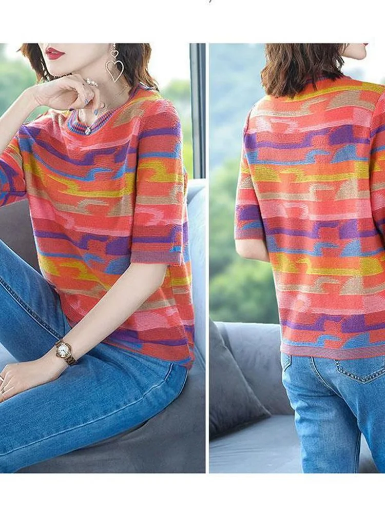 Spring Autumn Colour Striped Knitting Bottoming Shirt Interior Lapping Women New Long Sleeve Loose All-match O-collar Top 2022