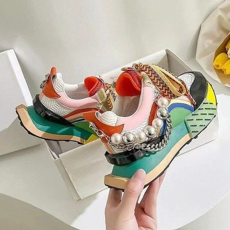 2024 New Women Leather Sneakers Lace Up Rainbow Colors Platform Shoes Pearls Chain Decor Fashion Vulcanized Shoes Women