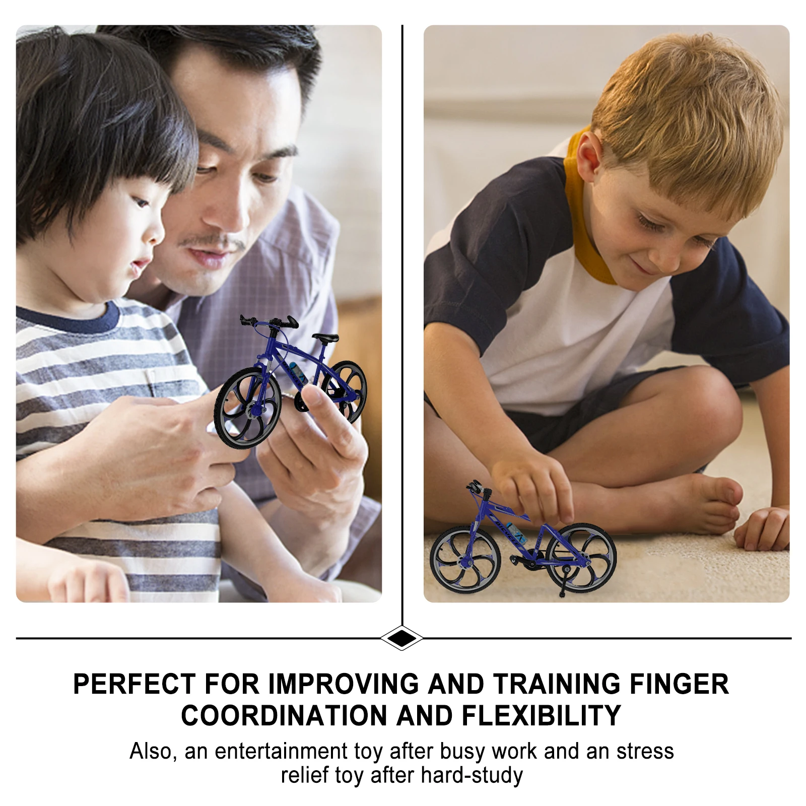 Mini giocattolo per bici da dito Forma realistica Antistress Bicicletta blu Bomboniere per bambini Materiale in lega Giocattolo da allenamento con movimento flessibile