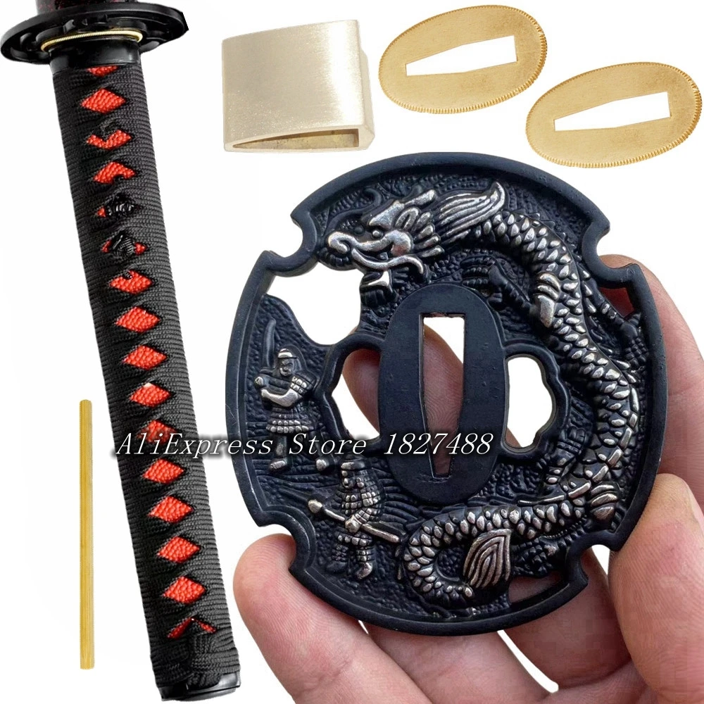 Liga preta tsuba dragão guarda fuchi kashira menuki habaki seppa para espada japonesa katana lidar com substituição conjunto acessórios