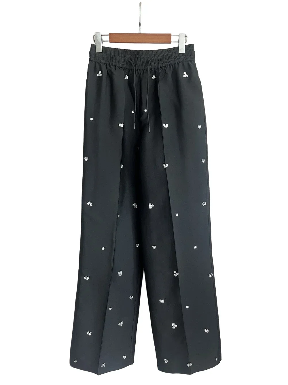 2024 New Women's handmade diamond suit, black artificial diamond loose shirt, casual pants, suit