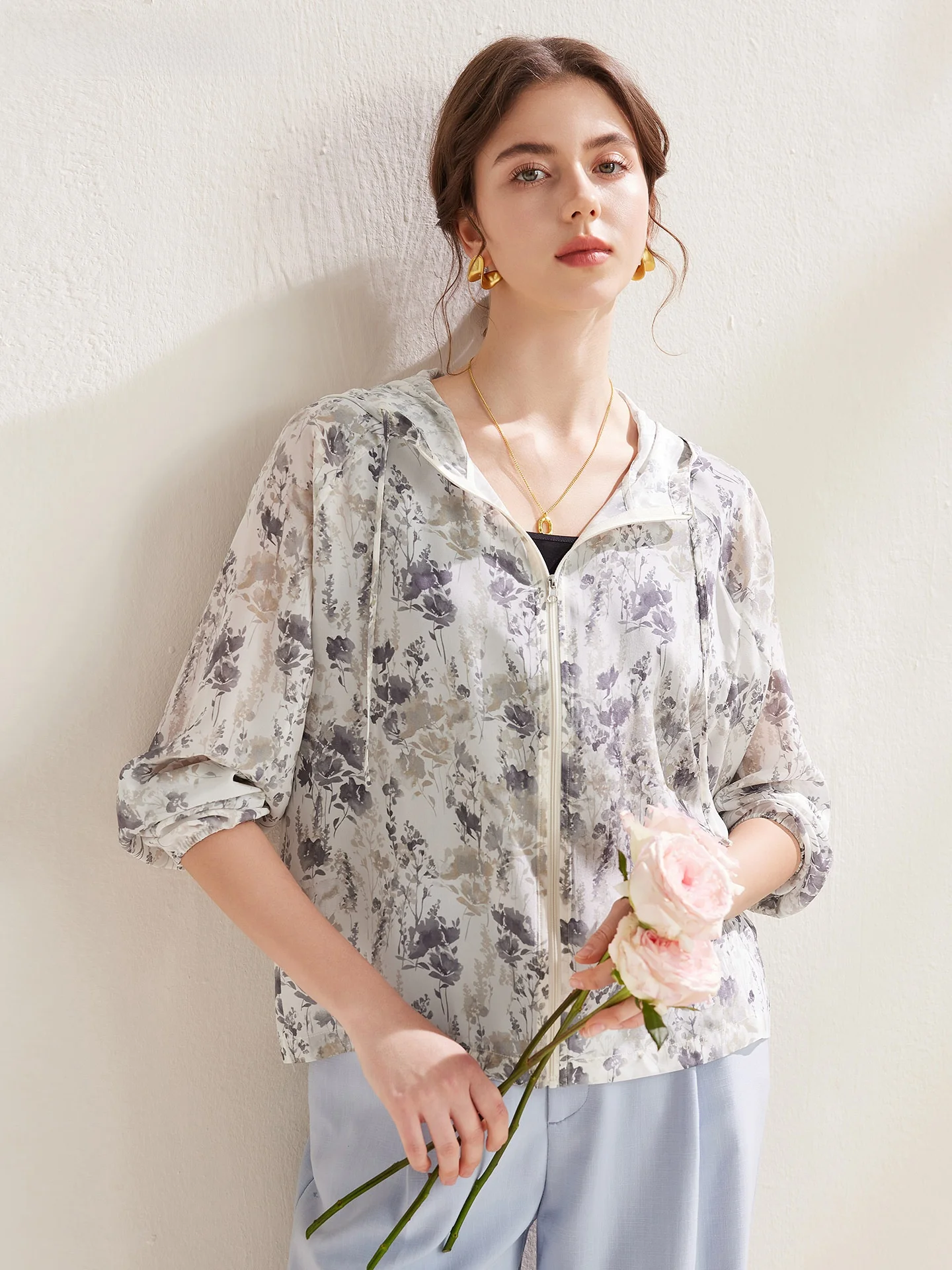 

Zhaojun Spring Summer New Style Silk Double Gauze Floral Jacket Women's Hooded Loose Casual Fashion Silk Top
