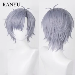 Ranyu Synthetische Korte Rechte Blauwe Grijze Pruik Anime Spel Cosplay Mannen Hittebestendig Haar Pruik Voor Feest