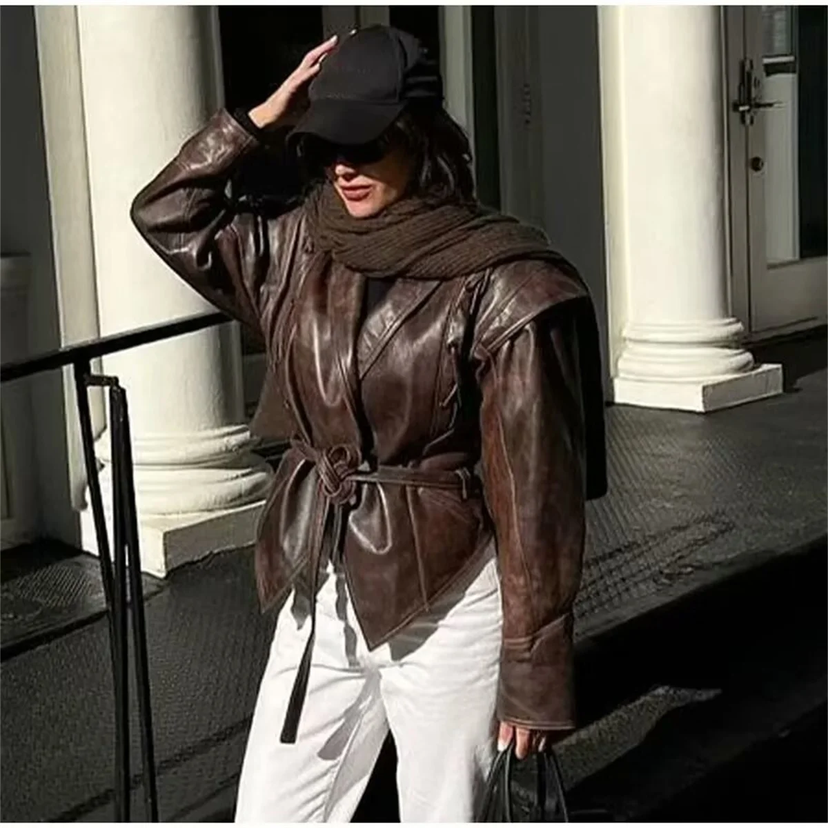 Women\'s High Street Leather Jacket 2024 Autumn Winter Versatile Brown Long Sleeves V-neck Lace-up Coats Causal Female Outerwear