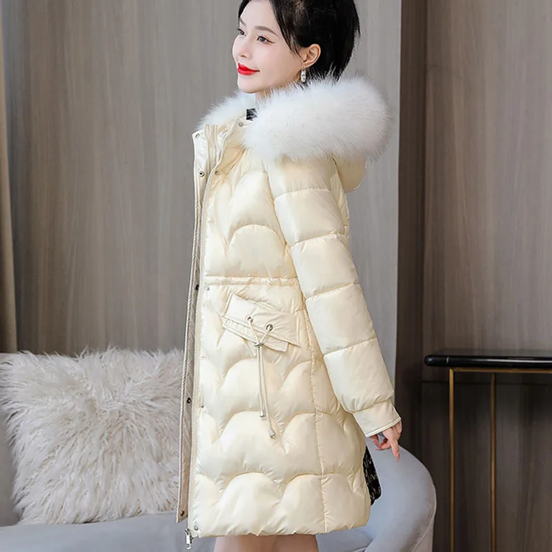 

Female Top Tide 2024 Winter New Fashion Warm Hooded Gloss Women Cotton Padded Coat Fur Collar Casual Down Women Cotton Coat H79