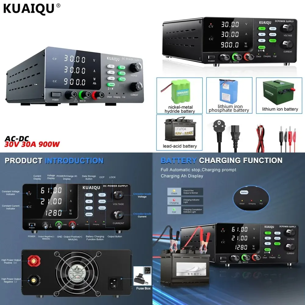 

Hot Sale Wholesale Price KUAIQU R-SPS3030C Adjustable High Voltage Power Supply Unit 30V 30A 900W Lead Battery Quick Charger