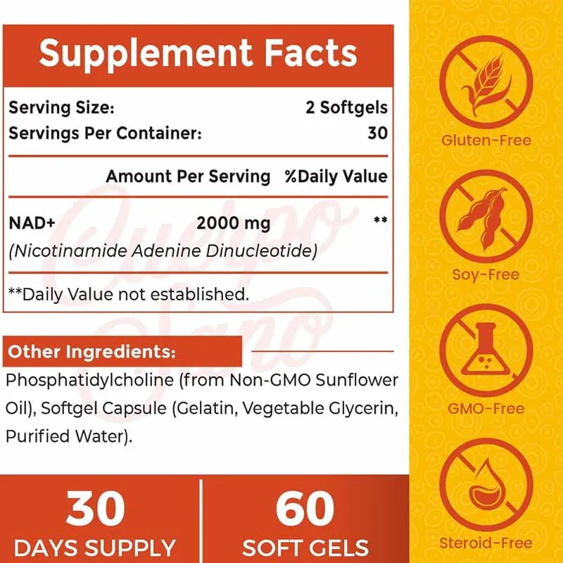 2000mg NAD supplement, high absorption, more effective than nicotinamide nucleoside, metabolic and cellular, 60 capsules soft