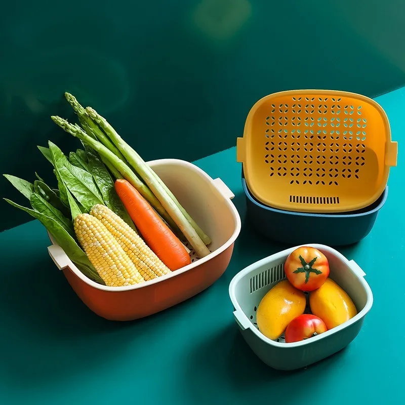 1PC Kitchen Double-layer Drainage Basket, Household Vegetable Washing Basin, Creative Plastic Two-color Storage, Square